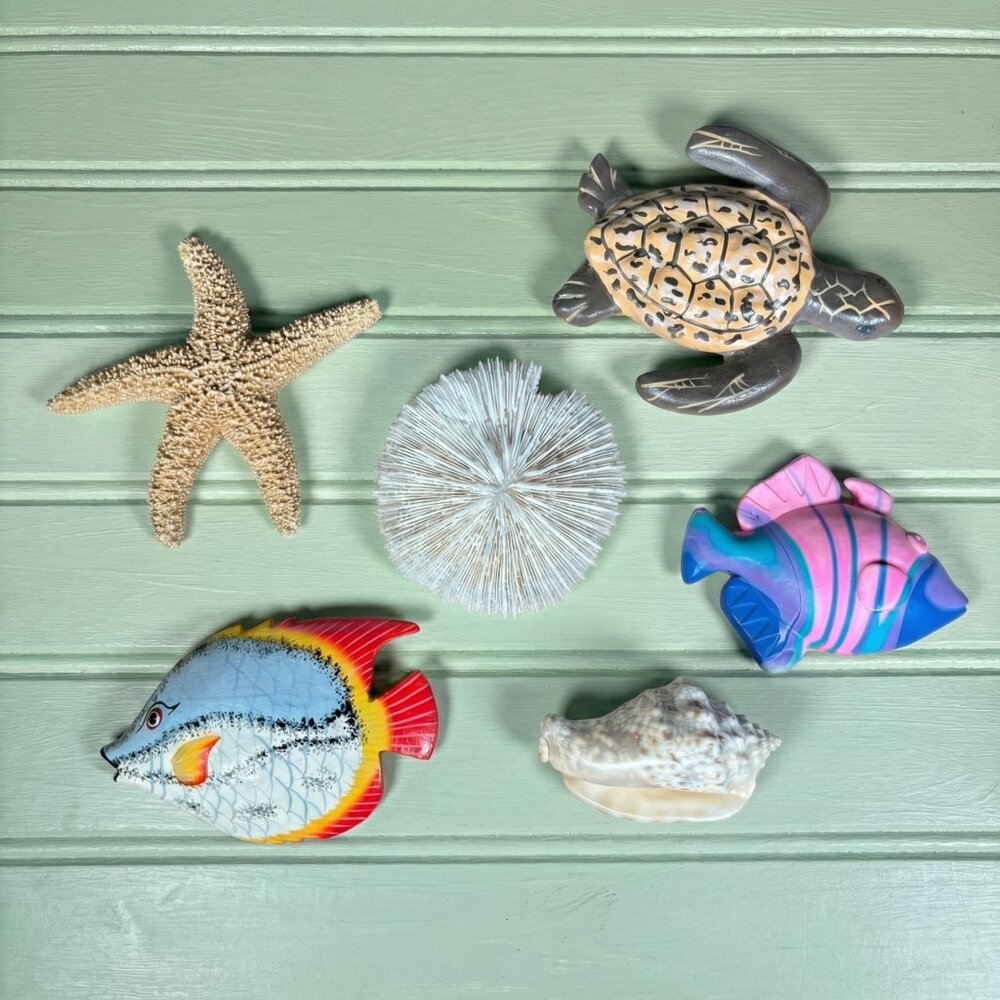 Vintage Coastal Nautical Magnet Set of Seashell, Starfish, Fish, Turtle, Coral